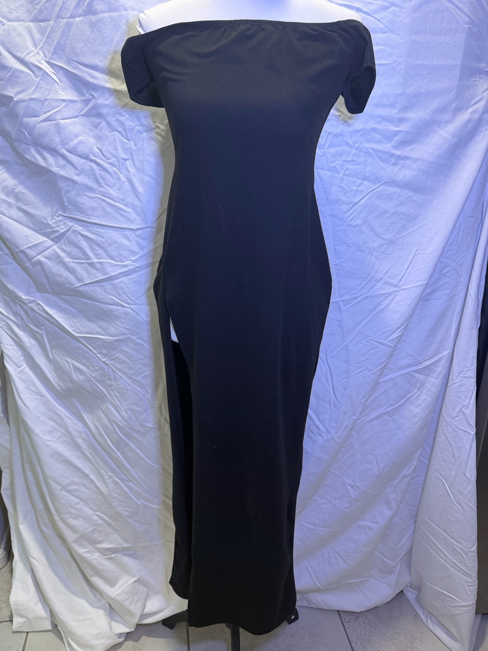 Off-Shoulder Black Maxi Dress with Side Slit